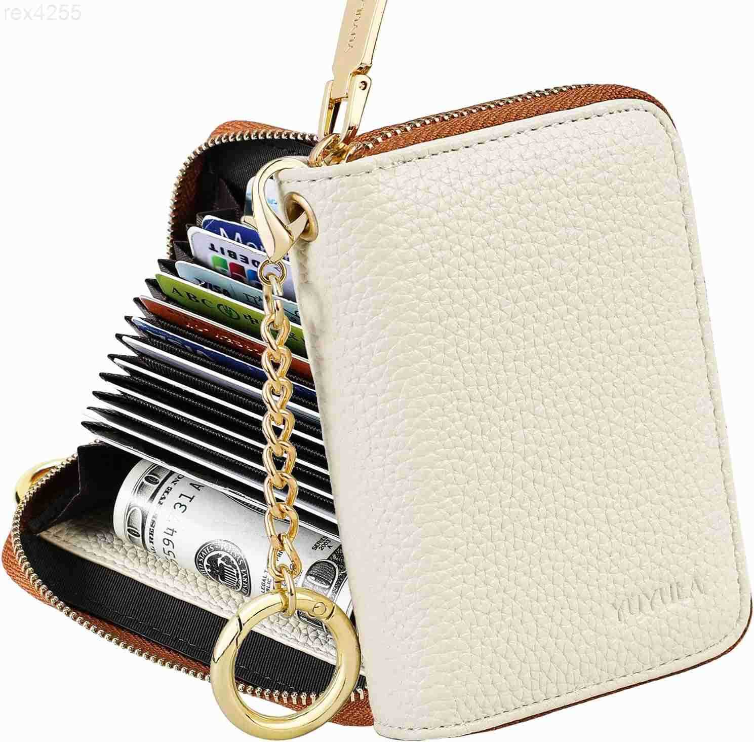 Lether Women Credit Card Wallet Zipper Business Card Holder for Women RFID Blocking KeyChain Wallet WhiteW250911