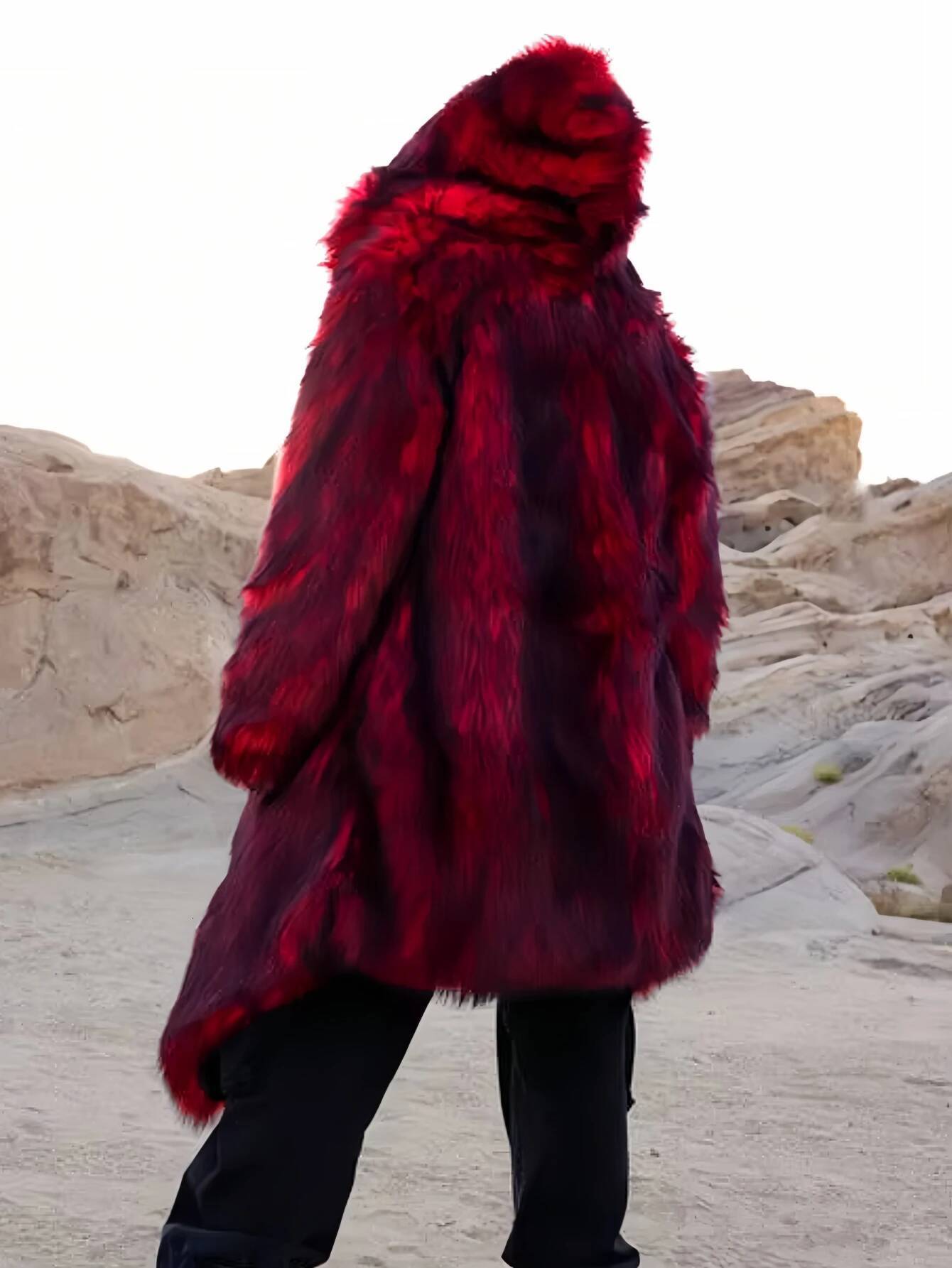 Autumn/Winter Warm Faux Fur Red Men's Long Sleeve High Quality Fluffy Coat