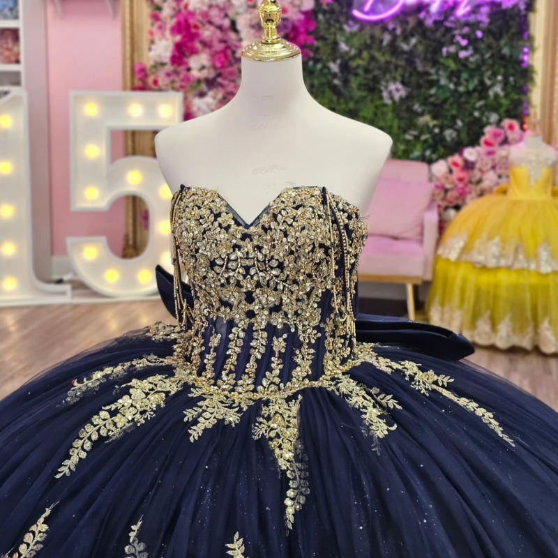 Navy Blue Ball Gown Quinceanera Dresses Off The Shoulder Applique Lace Beads Bow Tull Party Birthday Sweet 16 Dress Vestidos 15 De Anos