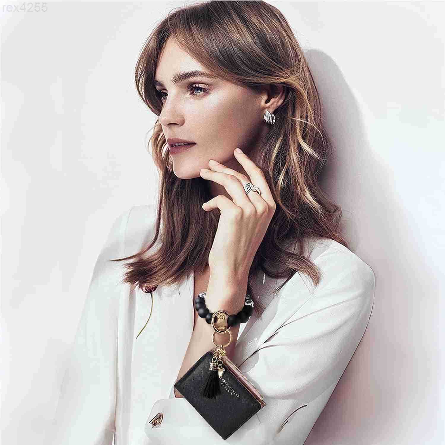 Keychain Bracelet Wristlet with Wallet Card Holder PocketTassel Keychain Bangle Key Ring for WomenW250911