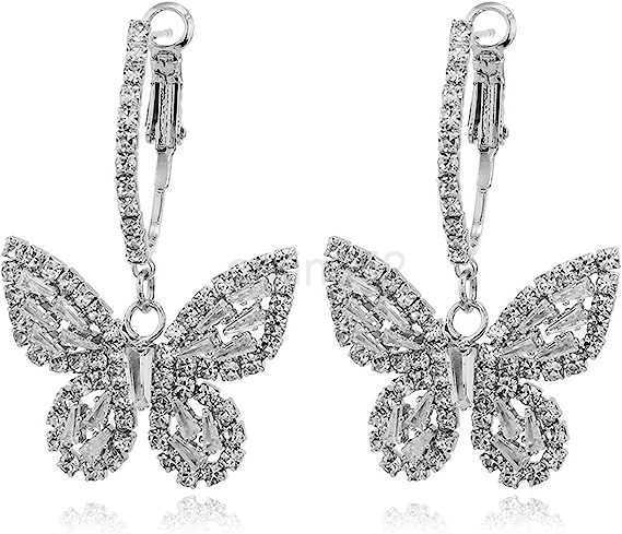 Butterfly Dangling Earrings Crystal Rhinestone CZ Drop Earrings For Women 14K GoldWhite Gold Plated Earrings Hypoallergenic Nickel Free Cute Charms Da