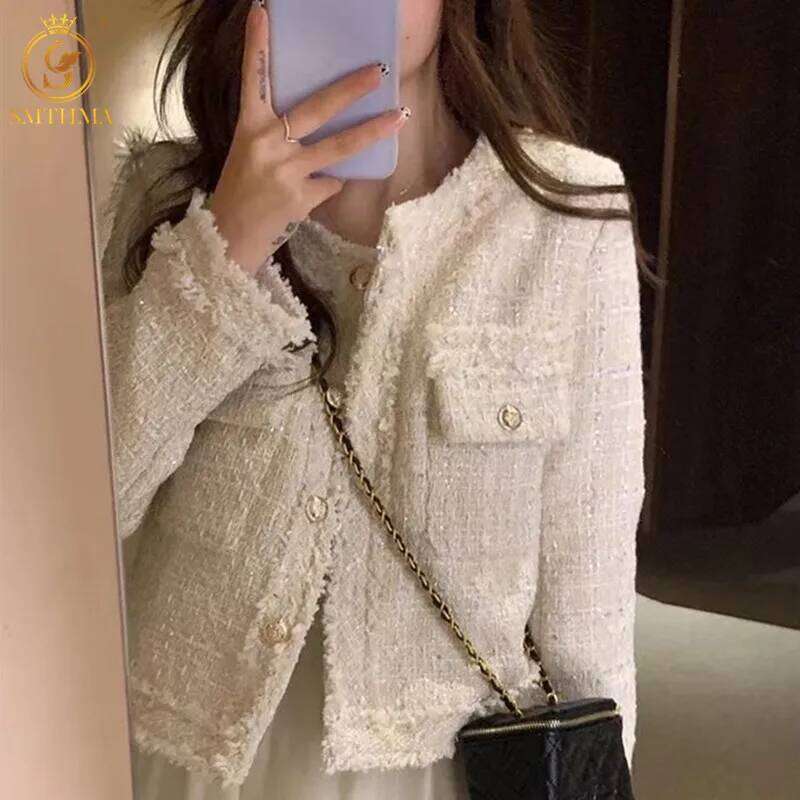 HMA New Fashion Korean Chic Vintage Tweed Woolen Jacket Coat Women Autumn Single Breasted Plaid Tassel Office Lady Outwear