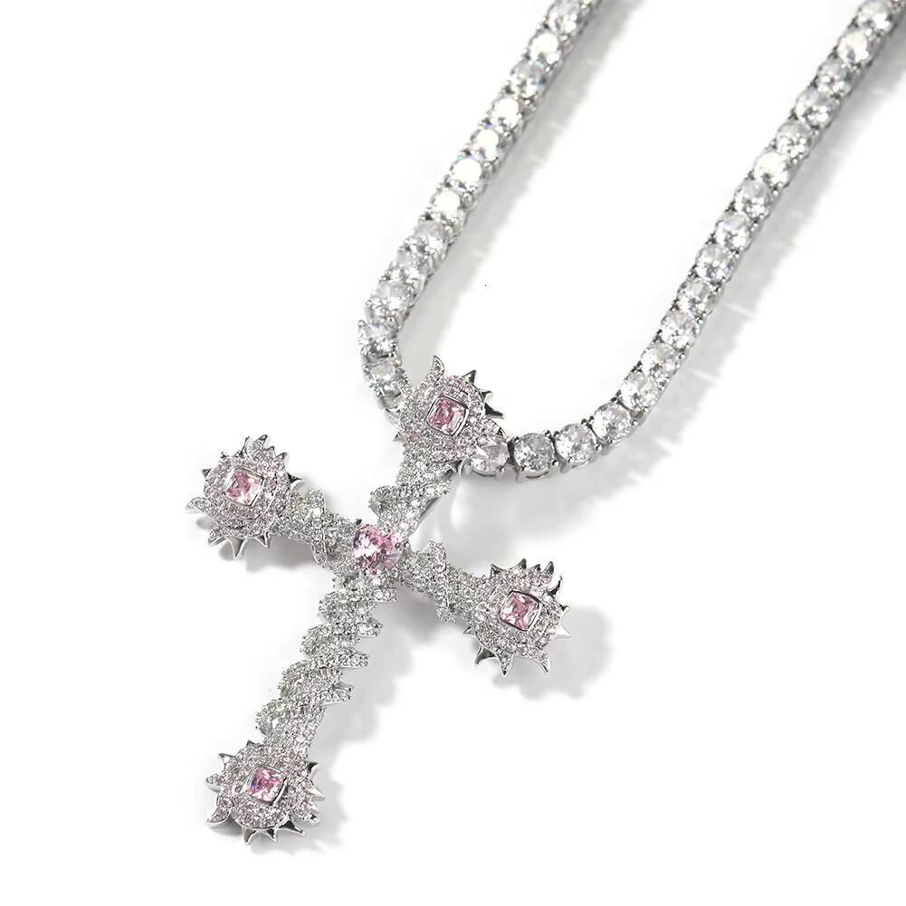 Vintage Gold Plated Cubic Zirconia Necklace Pendant Colorful Pink Heart Cross Diamond for Parties and Weddings