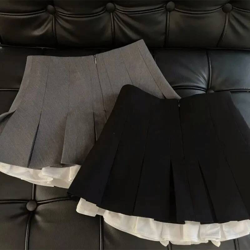 Mooyufon Ruffles Black Mini Women Korean Patchwork Pleated Skirts Japanese Kawaii High Waist All Match A Line Skirt New dongdumaoyi