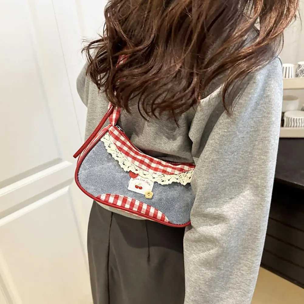 Allmatch Sweet French Stick Handbag Denim Blue Bow Plaid Shoulder Bag Large Capacity Lace Ribbon Cloth Underarm Bags Daily Z250911