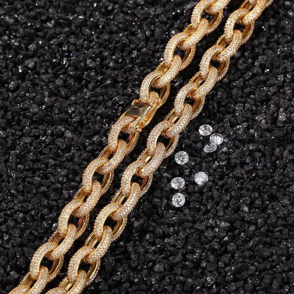 12mm Hiphop Full Iced Out O Shape 18K Gold Plated Rolo Chain for Mens Jewelry