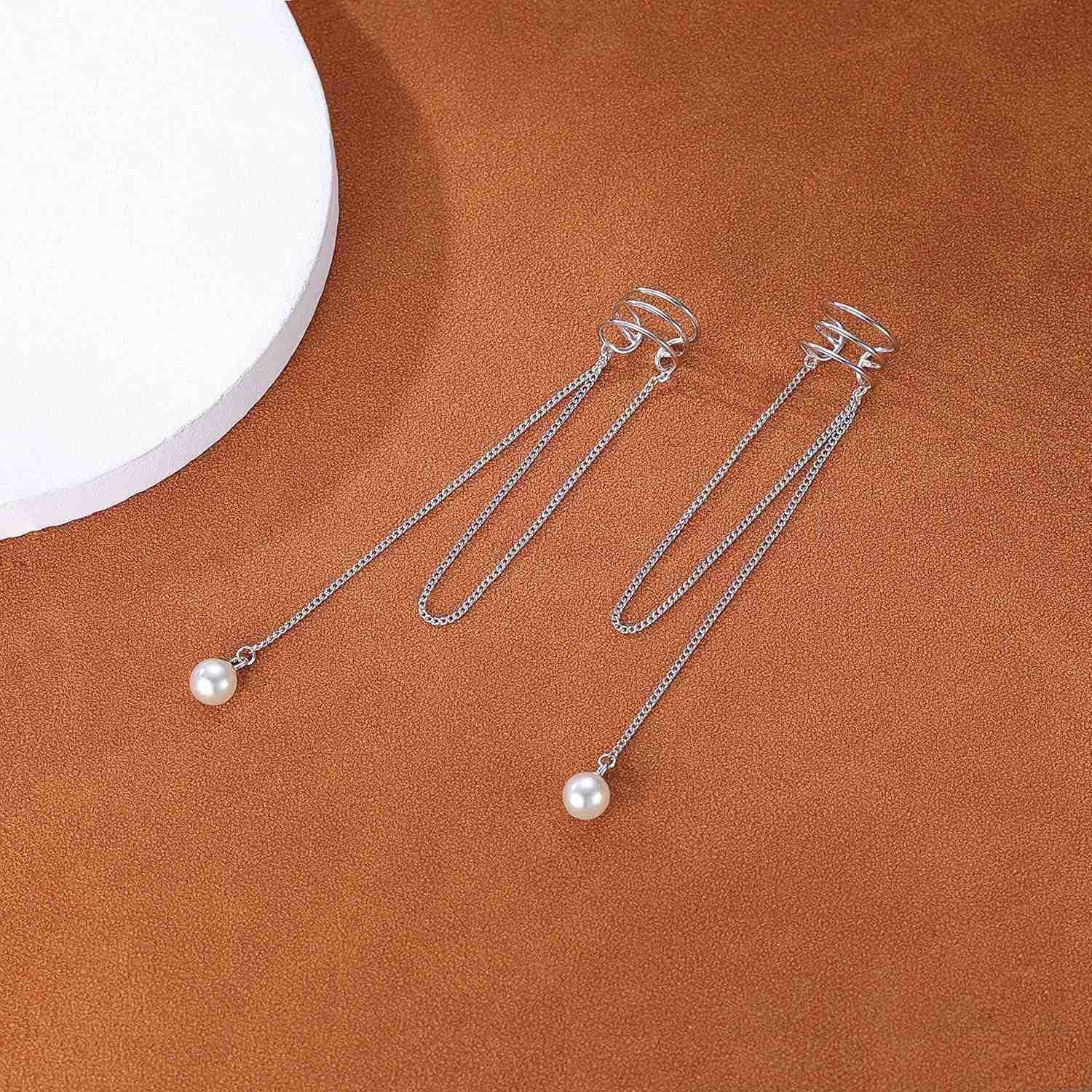 925 Sterling Silver No Piercing Cuff Earrings Chain for Women Wrap Earrings Pearl Tassel Clip On EarW250911