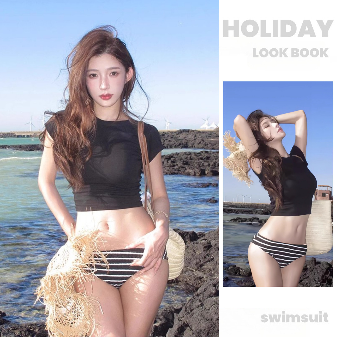 2025 New Korean Style Bikini Three-Piece Set Short Sleeve Cover-Up Slimming Sexy Swimsuit for Women Vacation Beach Swimwear