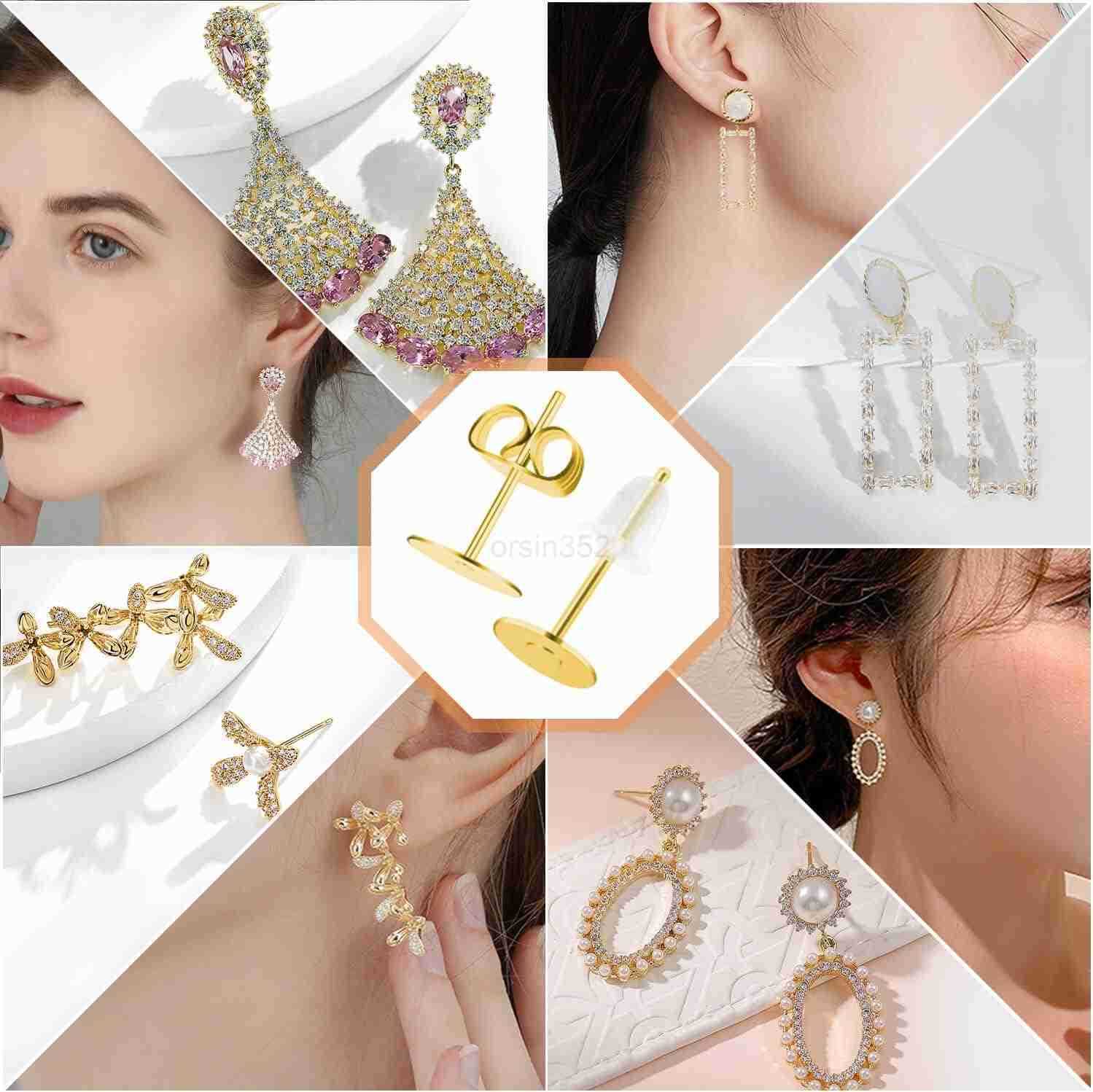 Earring Posts Stainless Steel Flasoo 1200Pcs Hypoallergenic Earrings Posts and Backs Gold Flat Pad Ear Ring Studs with Clutch for Earring Making and D