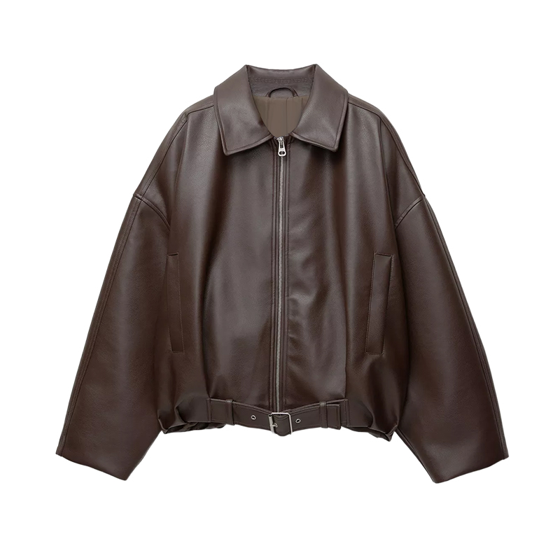 Vintage Women's Zipper Leather Jackets Belt Loose Lapel Long Sleeve Pockets Solid Coats Female 2025 Autumn Moto Biker Outwear