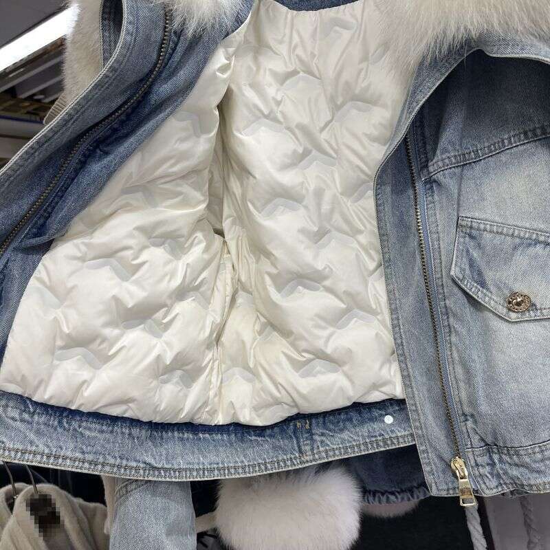 Clothing Winter New Large Collar Fox Denim Fur Jacket Women's Thick Lined Parka