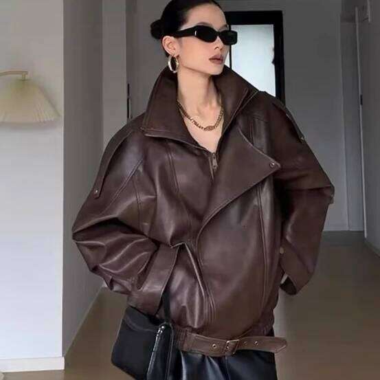 High Quality Bomber Jacket PU Moto Biker Leather Jackets Double Collars Korean Fashion Women Clothing Outerwears
