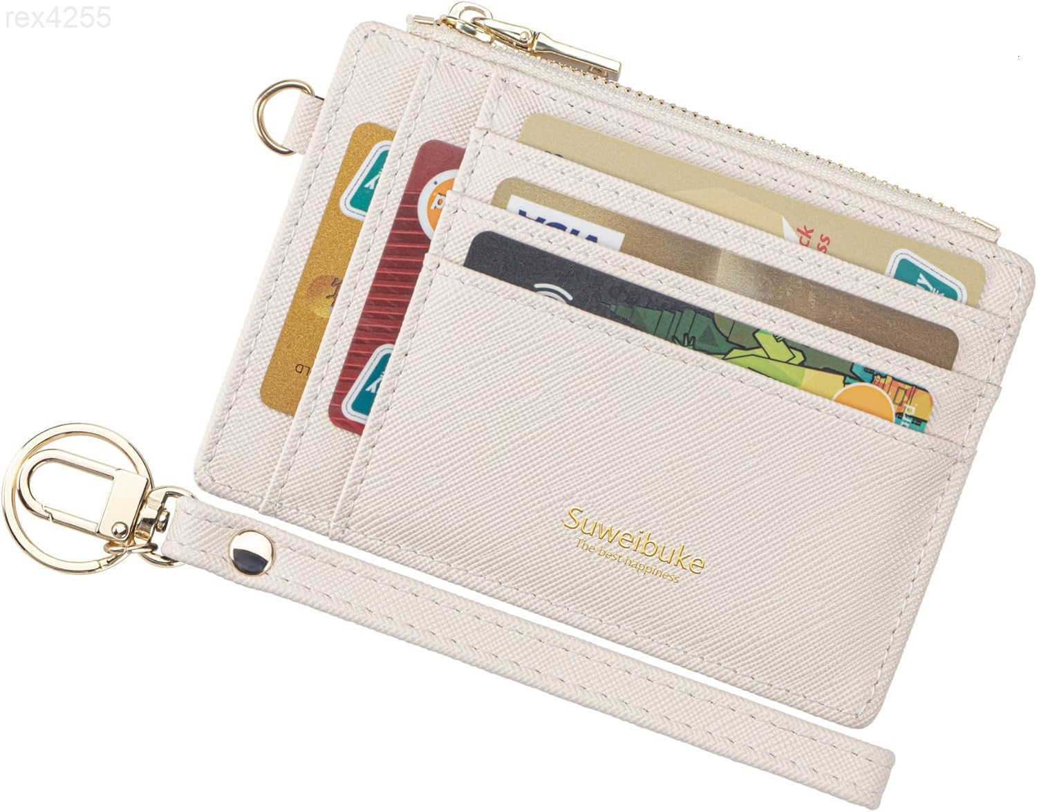Women Slim Rfid Blocking Credit Card Case Holder Wristlet Zip ID Case Wallet Small Compact Leather Wallet Coin Purse with Keychain BeigeW250911