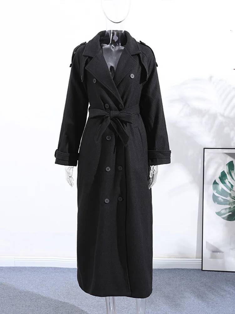 Yitimuceng Elegant Solid Double Breasted Laced Up Coat for Women Long Sleeve Jackets 2025 New Autumn Winter Wool Coats