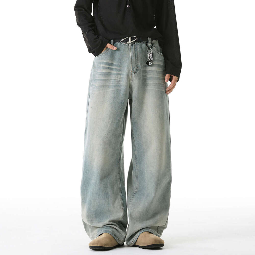 Cat Whiskers Vintage Washed Jeans for Men, New Autumn American High Street Trendy Loose Textured Straight Long Pants
