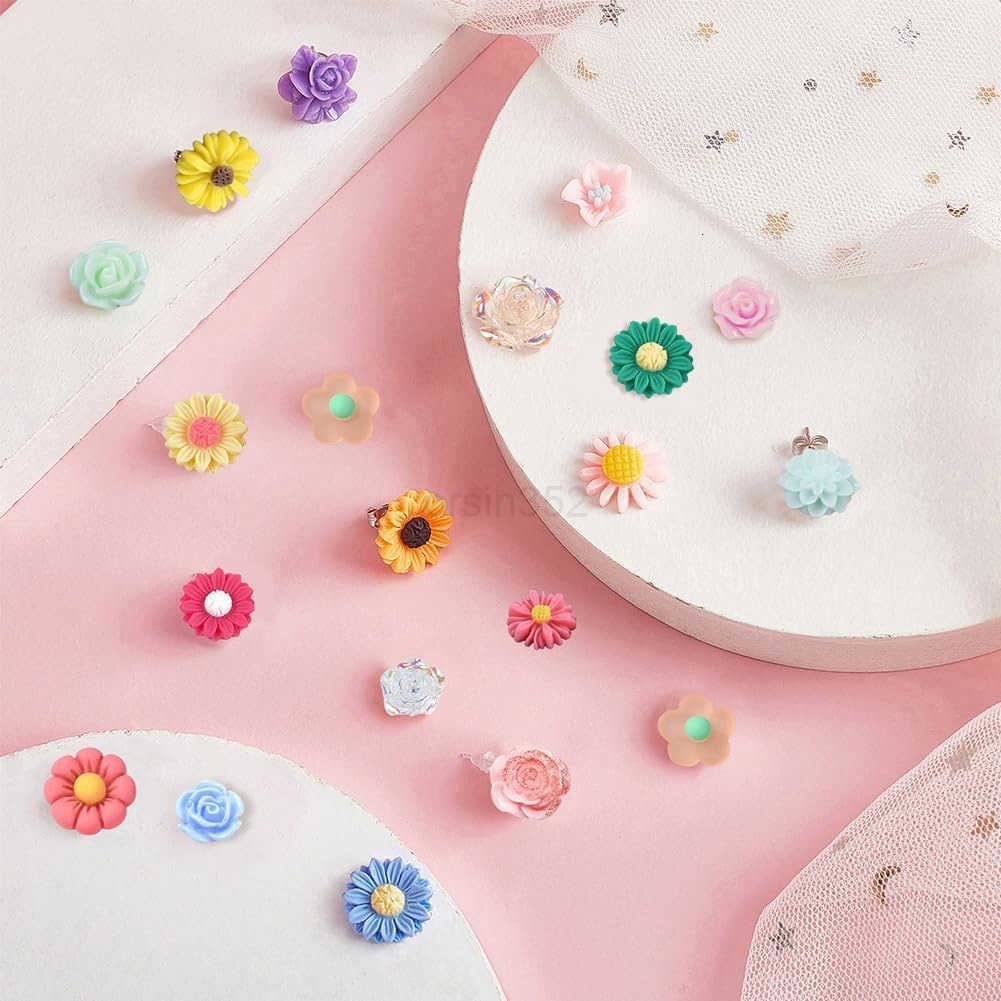 1 Box DIY 20 Pairs Mixed Resin Flower Flatback Cabochon Studs Earring Kit Resin Rose Daisy Charms with Stainless Steel Post for Jewelry Making Arts Cr