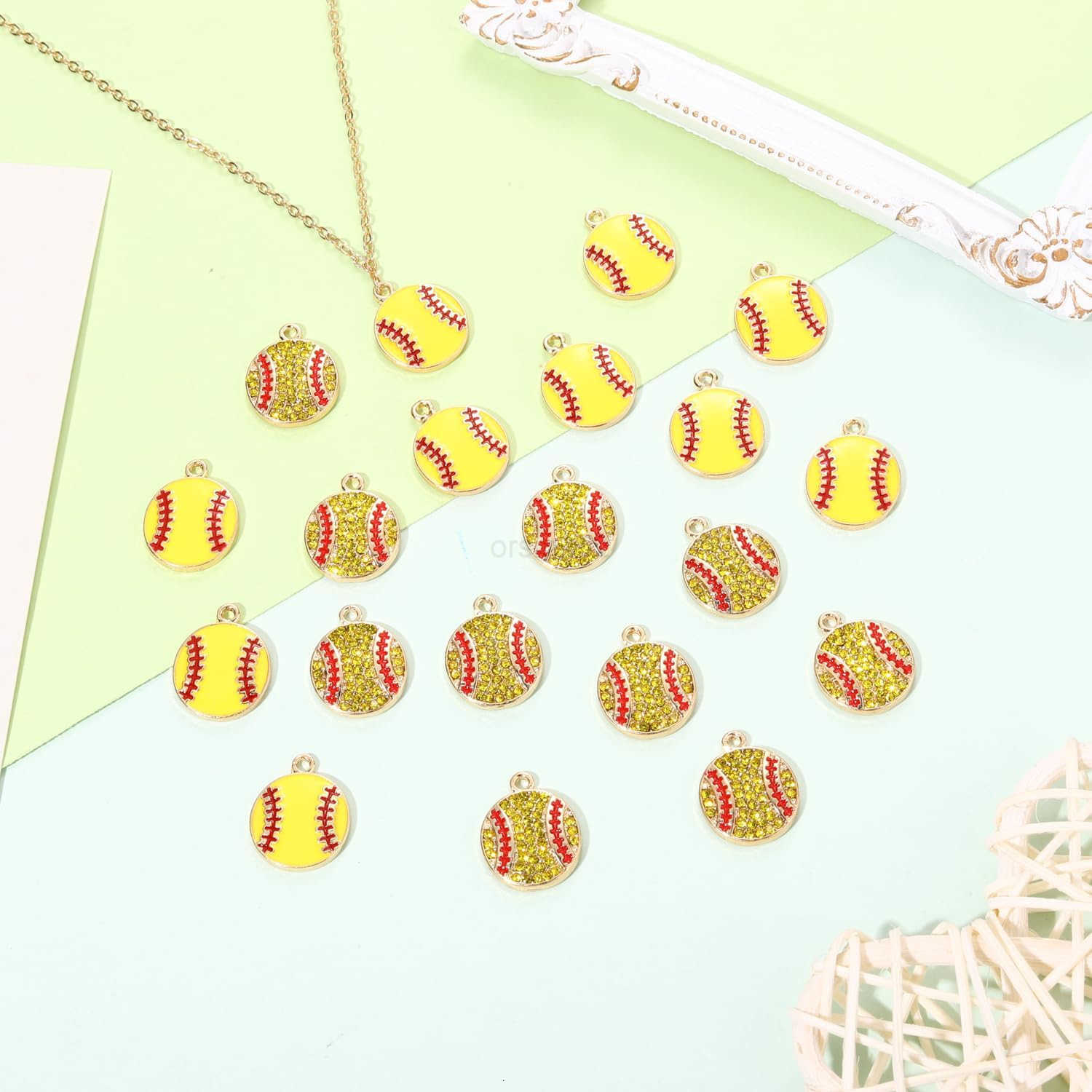 20PCS Sports Charms Enamel Basketball Baseball Pendant Charms for Jewelry Making Rhinestone Ball Game Softball Charms for Necklace Earrings DIY Crafts