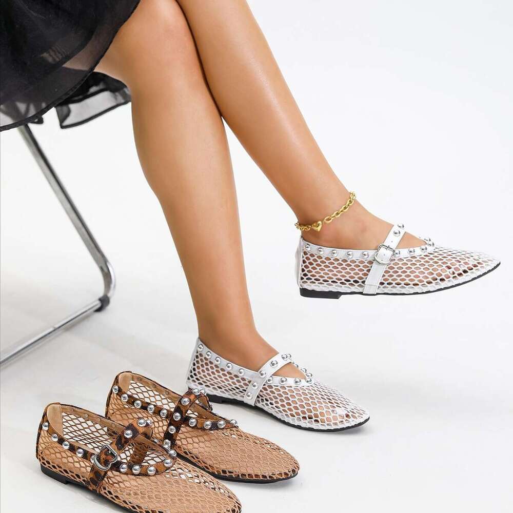 Designer Shoe 35-43 Large Spring Summer New Round Toe Flat Mesh Hollow Rivet Strap Mary Jane Plus Size Women's Shoes