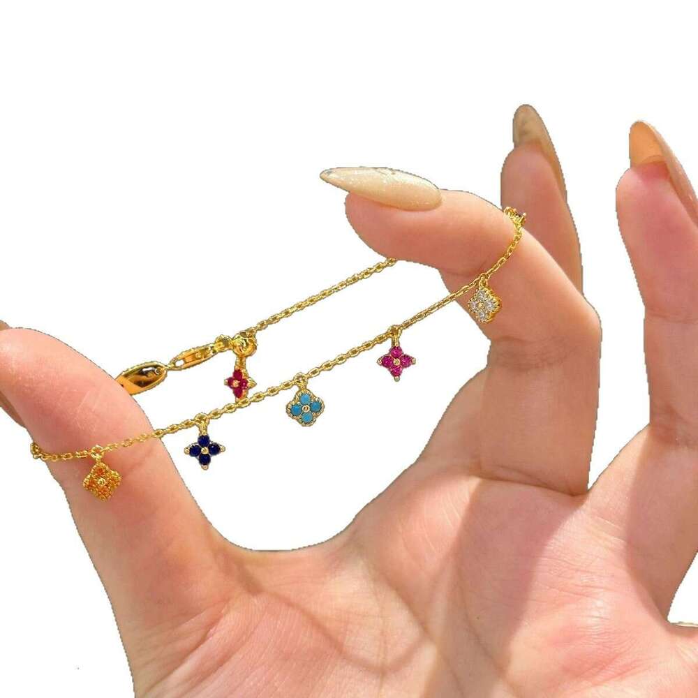 Dopamine Colorful Lucky Four-Leaf Flower for Women Vintage Forest Style Versatile Bracelet Niche Design Hand Jewelry