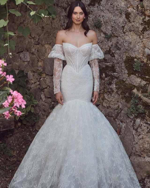 Vintage Lace Pears Mermaid Wedding Dresses For Women Long Illusion Sleeves Bride Gowns Women Vestidos De Novia Luxury Customized