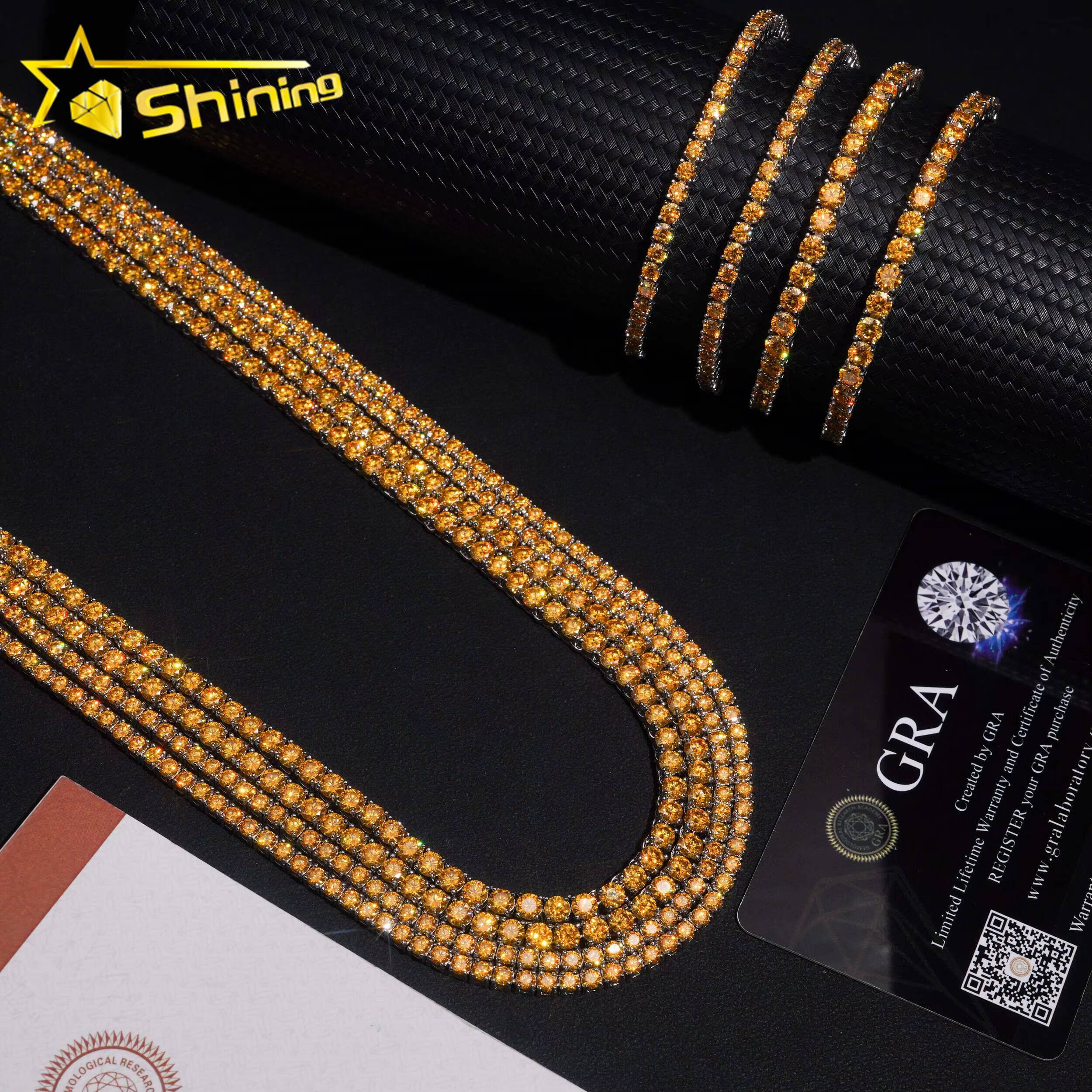 Hip Hop Jewelry New Style 925 Silver 3mm 4mm Yellow Gold Color Tennis Moissanite Chain High Quality Custom Necklace for Men