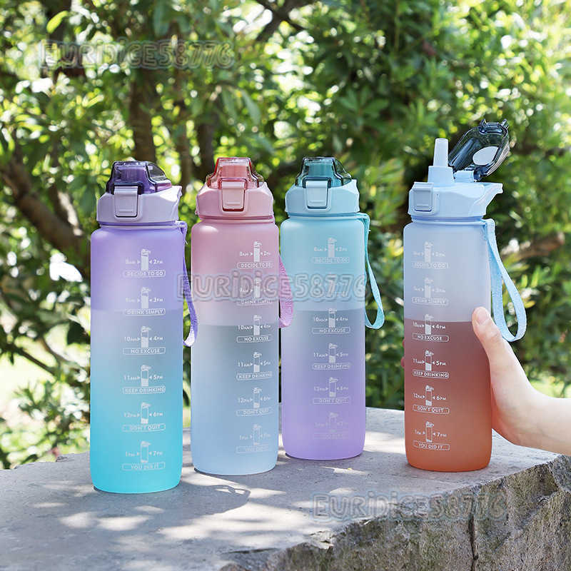 Gradient Color Water Bottle Frosted Space Cup Portable Rope Suction Mouth Water Cup 1000ml Gym Sports Water Bottle H250911