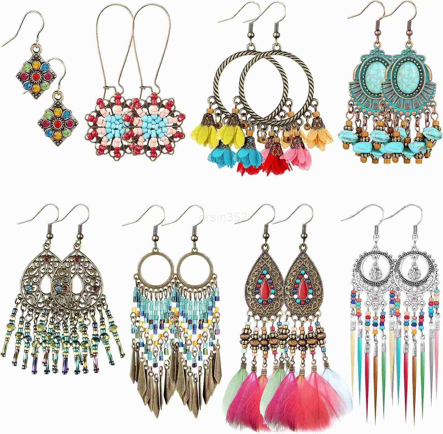 8 Pairs Boho Earrings for Women Vintage Drop Dangle Earrings Set Indian Retro Boho Ear Accessories for Women Girls GiftsW250911