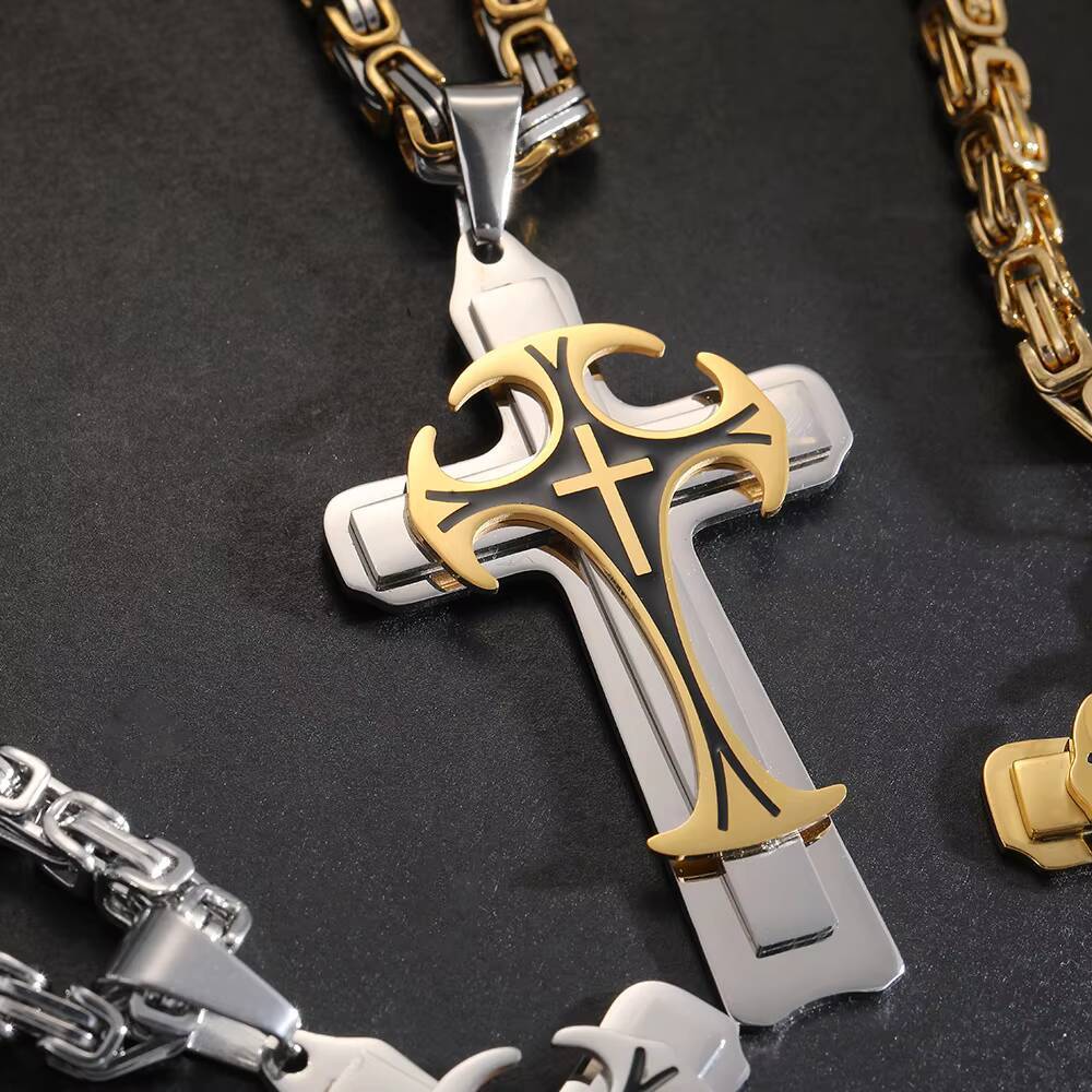 Mens Trendy ThreeLayer Cross Pendant Necklace Domineering Pattern Long Link Chain Stainless Steel Titanium Steel Material