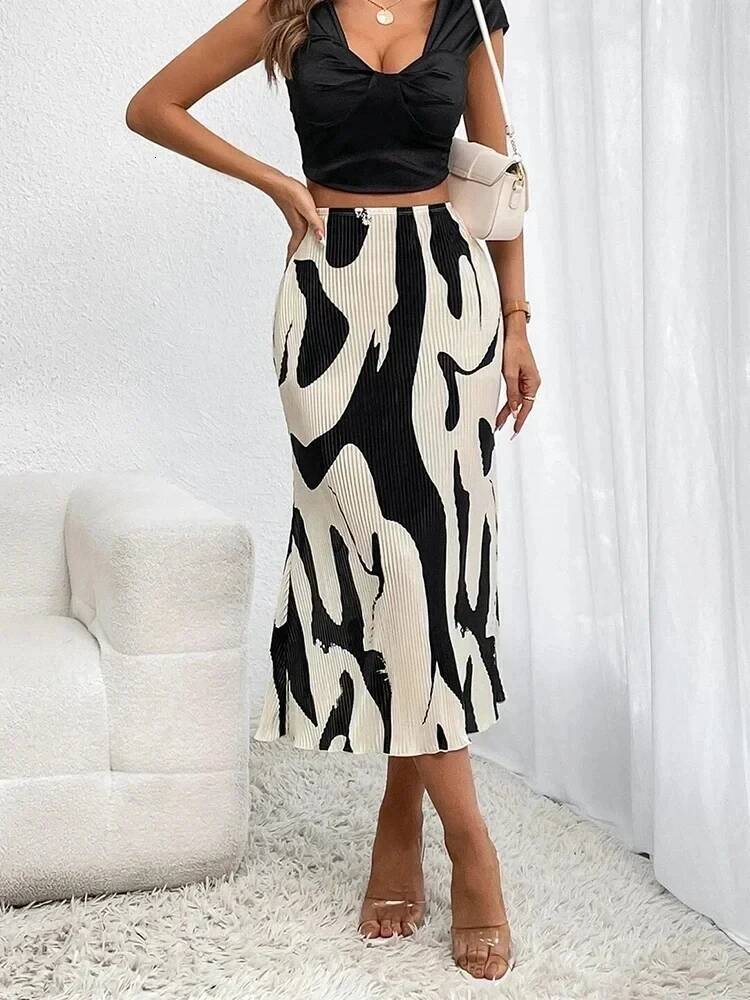 Dressy Casual Graphic Print Pleated Long Skirts Women Autumn Fashion Elastic High Waist Geometry Midi Skirt Streetwear dongdumaoyi