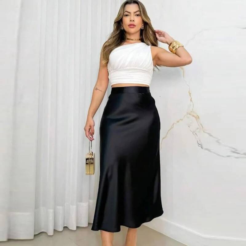 2025 Satin Black High Waist Long for Women Summer White Midi Skirt Office Elegant Daily Skirts dongdumaoyi