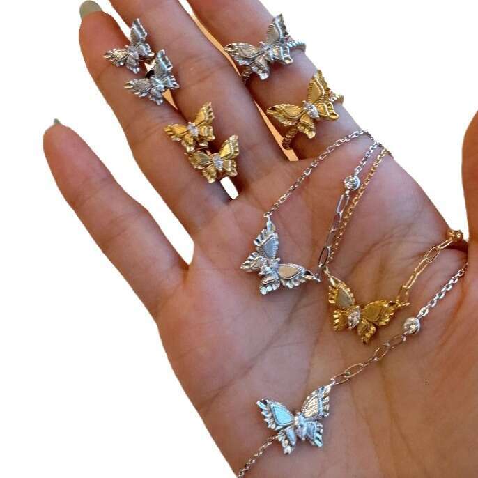 Light Luxury High-End Niche Designer Brushed Phantom Butterfly Inlaid Diamond Vintage Style Necklace Earrings Ring Bracelet Set