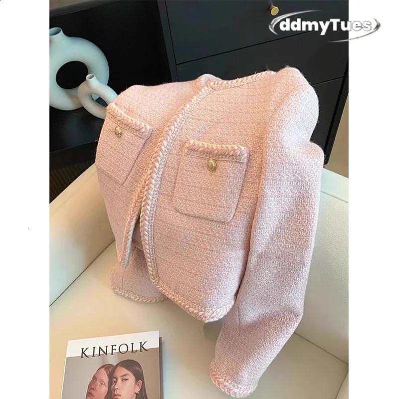 MEXZT Elegant Tweed Jacket Women Sweet Cropped Pink Coat Winter Korean Single Breasted Blazer Ladies Vintage Short Outerwear 240821 TUES