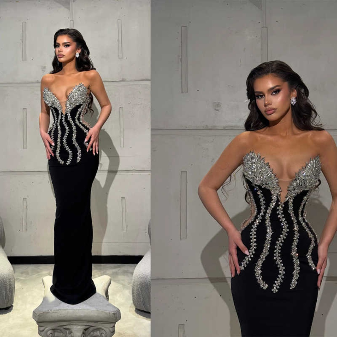 Sexy Evening Dress V-Neck Mermaid Prom Gowns Shine Crystal Applique Satin Prom Dress Sequined Robes De Mariee Size Customized vestido de novia L252095