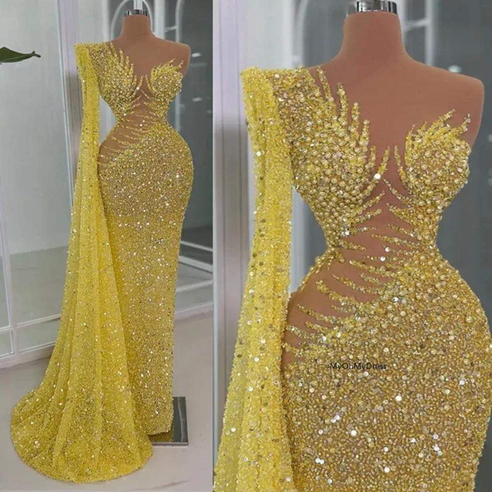 2025 Gold Prom Dresses for Black Women Evening Dresses Illusion Mermaid Promdress Beaded Lace One Shoulder Sequined Lace Pearls Second Reception Gowns