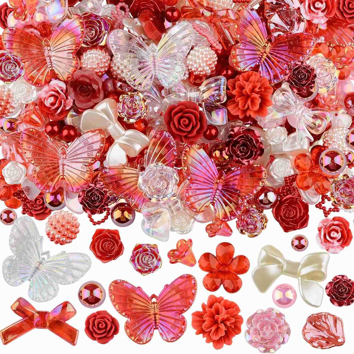 350 Pieces 3D Resin ABS Colorful Rose Flower Bows Butterfly Charms with Flatback Half Round Pearl Beads for Earring Necklace Craft DIY Making Supplies