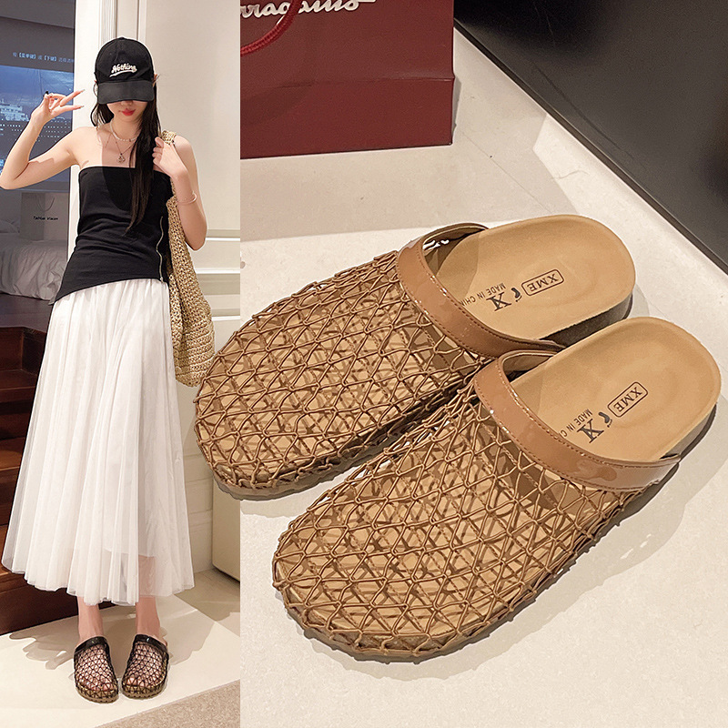 2025 autumn new designer women's shoes women's mesh toe slippers hollow mesh breathable flat shoes for external wear lazy half slippers