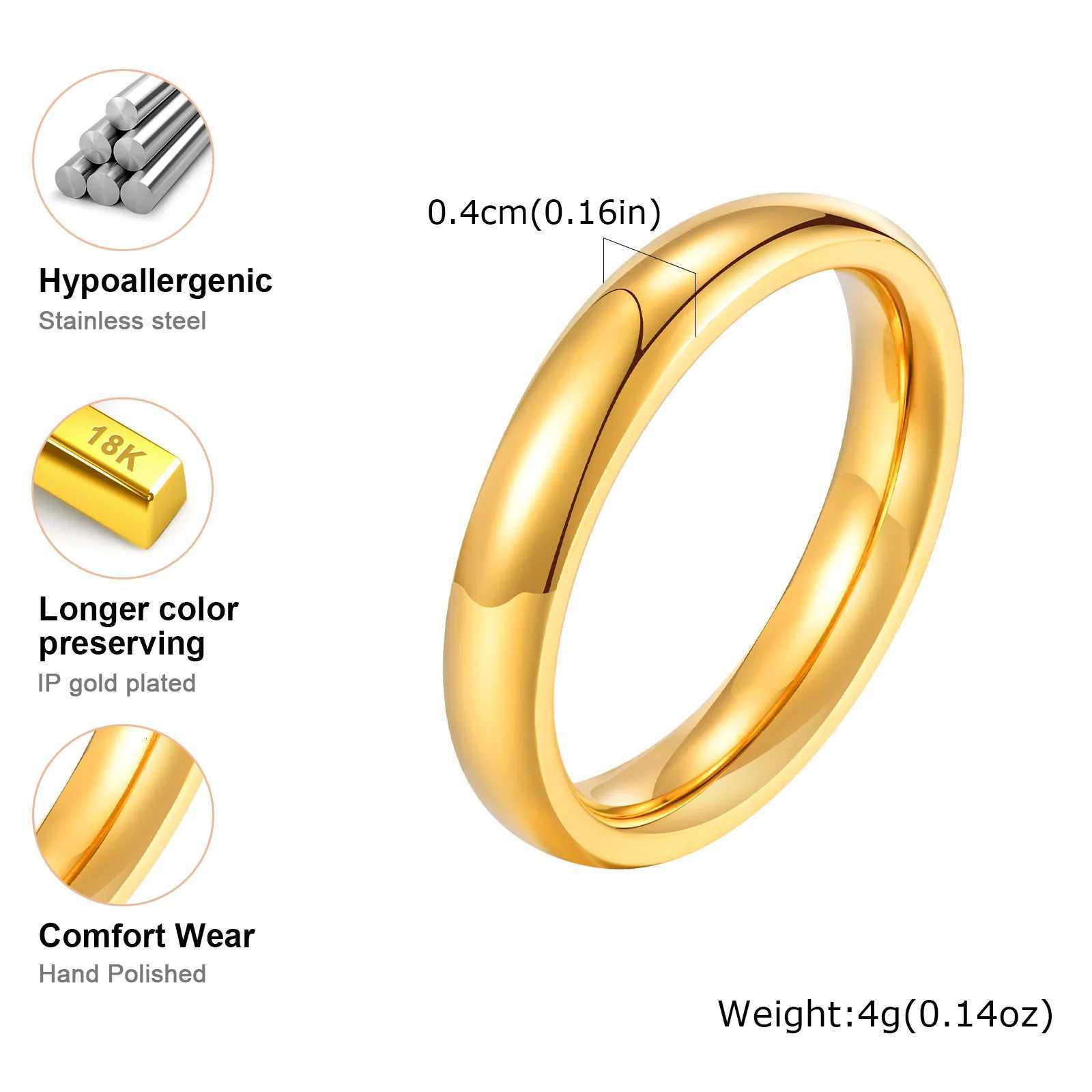 Prjewel Gold Color Wedding Band Stainless Steel Ring 4mm US Sizes 6 7 8 9 Round Rings Gift for Lady Minimalist Rings for Women W250911