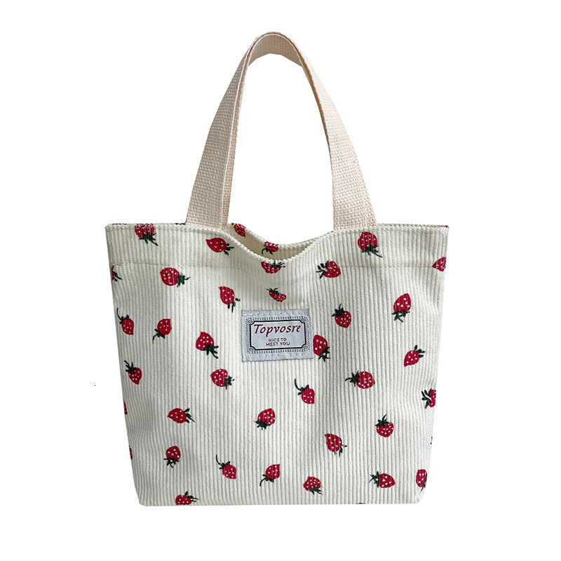 2025 Japanese Luxury Designer Bag Bag Style Cartoon Cute Strawberry Print Free Shipping Handbag Corduroy Outdoor Portable Storage Bag Commuting Lunch 