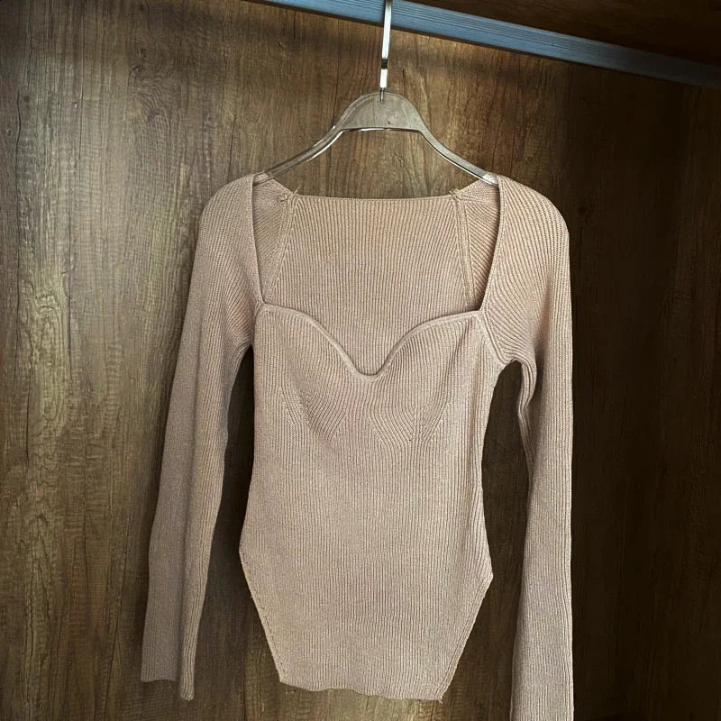 Square Collar Knitted Pullover Women Spring Autumn Sweater Winter TopsLong Sleeve Woman Sweaters For Black White Jumper 250911