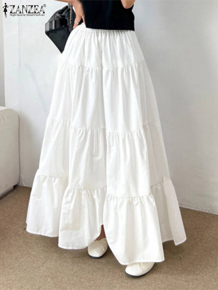 Women Korean Fashion Tiered Maxi Skirt Elastic Waist Casual Solid Color A-line Faldas Mujer Holiday Streetwear Long Jupes dongdumaoyi