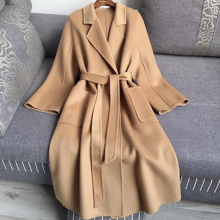 Casual Big Size Thick Water Ripple Handmade Doublesided Wool Women Coat Lapel Long Seelve Loose Belt Jacket Autumn Winter 250911
