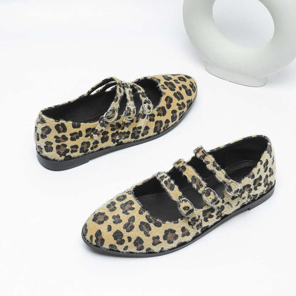 Plus Size Women's Round Toe Designer Shoe Shallow Mouth Thick Sole Non-Slip Horsehair Leopard Print Single Three-Strap Mary Jane Shoes