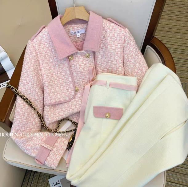Neploe Simple Korea Y2K Small Fragrance Suit Coat Paneled High Waist Wide Leg Pants Casual Preppy England Trousers 250718