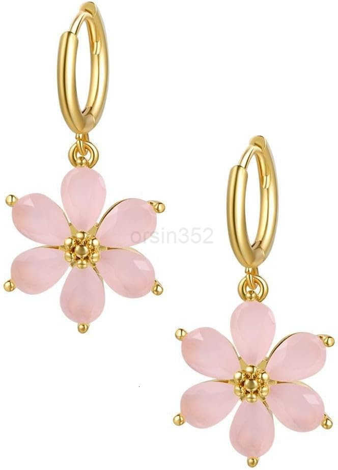 Dainty White Crystal Flower Dangle Small Hoop Earrings for Women Cute Bohemian Floral Blossom Charm Dangling Lightweight Cartilage Huggie Hoops Drop E