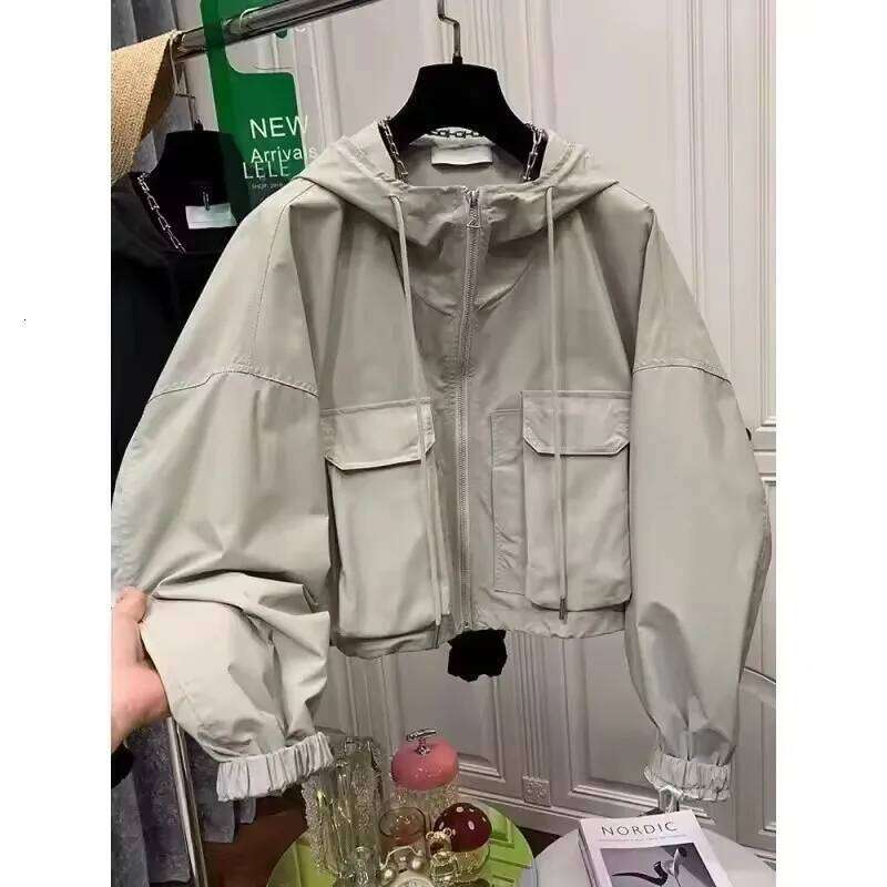 2025 Fashion Women Jacket Windbreaker Hooded Zip-Up Autumn Vintage Outwear Korean Haruku Cropped Basic Coat Streetwear