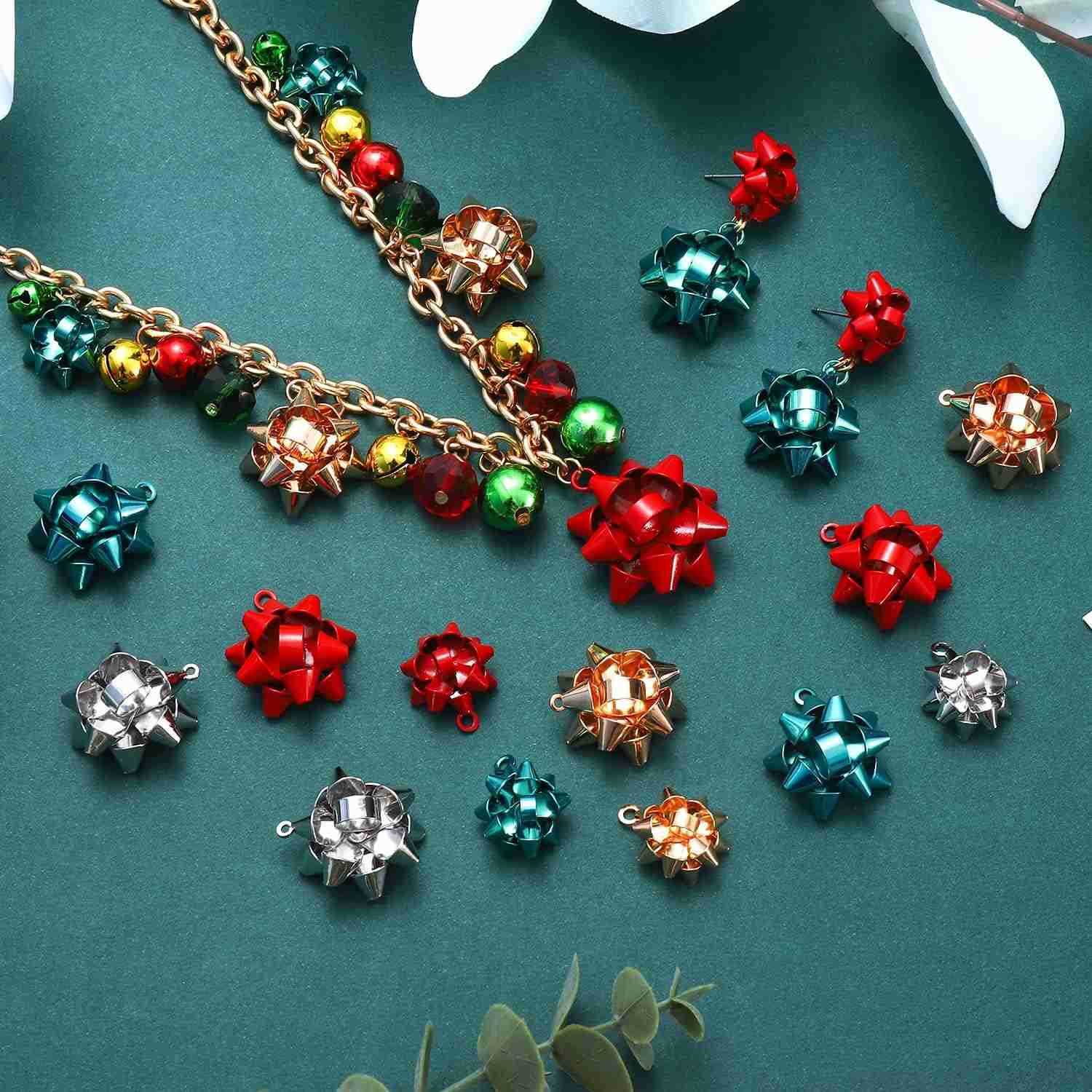 25PCS Christmas Charms for Jewelry Making Red Green Xmas Bow Charm Pendants for DIY Earring Necklaces Holiday Clothes Sewing Bag Decoration SupplyW250