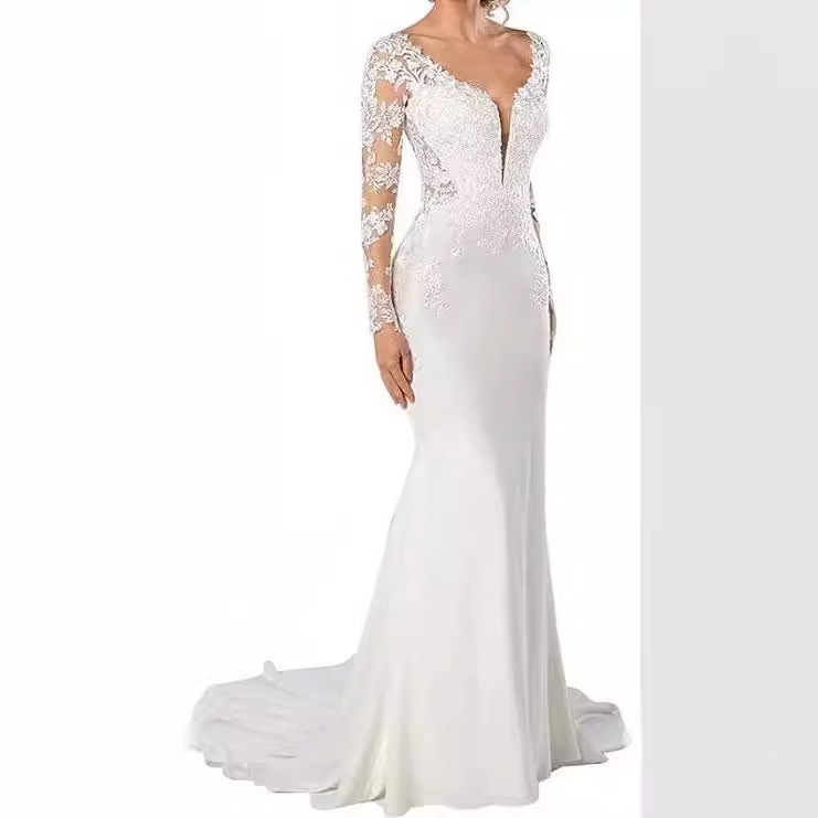 Sexy Sheer Back Mermaid Wedding Dress V-Neck Sequins Beads Lace Appliques Long Sleeves Satin Bridal Bride Gowns Vestidos De Novia