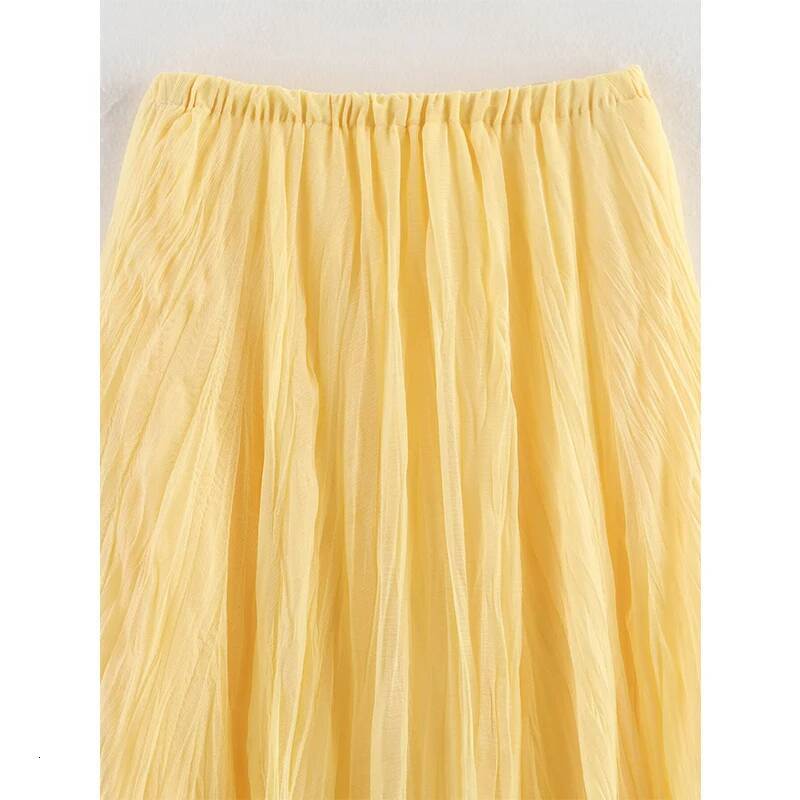 YENKYE Women Crinkle A-line Midi Butter Yellow Skirt Elastic Waist Spring Summer Holiday Elegant Skirts New 2025 faldas mujer dongdumaoyi