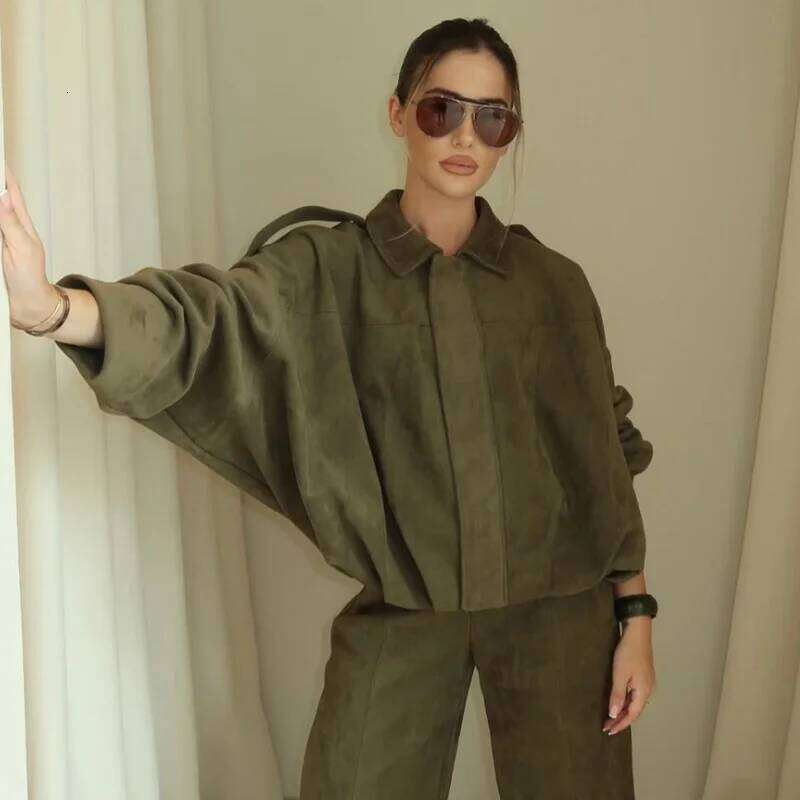 HXAO Women's Bomber Lapel Long Sleeve Zipper Suede Jacket Women 2025 High Street Cropped Racing Jackets Coats Outerwears