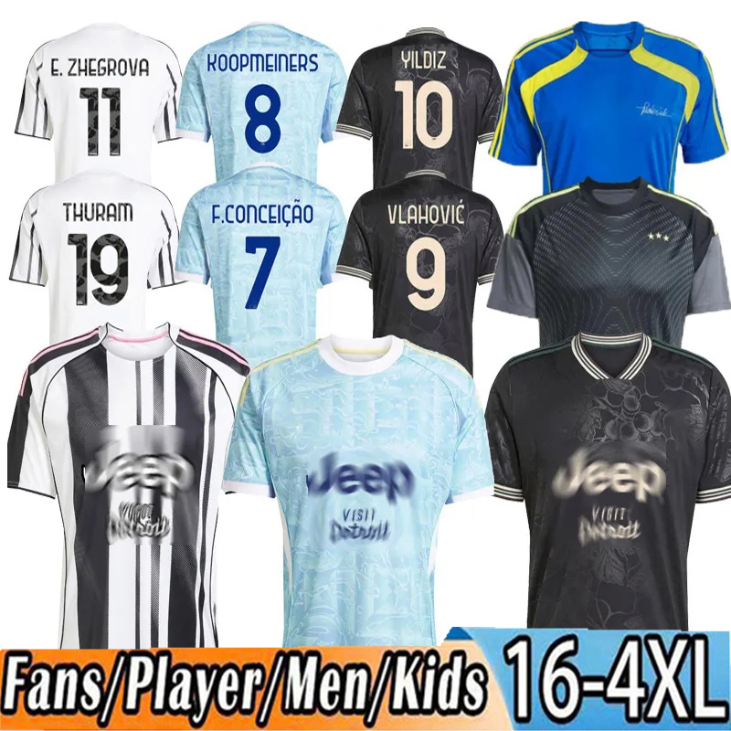 Juve 25 26 Soccer Jerseys Fans Player Home Away Yildiz Vlahovic F.CONCEICAO DOUGLAS LUIZ Thuram N.GONZALEZ Gatti Kalulu 2025 26 Football Shirt Men Kids kit Kits Unifor
